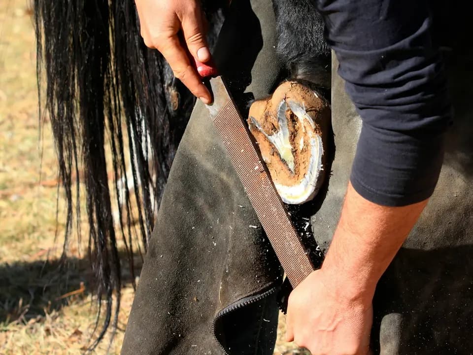 A farrier rasping a horse's hoof