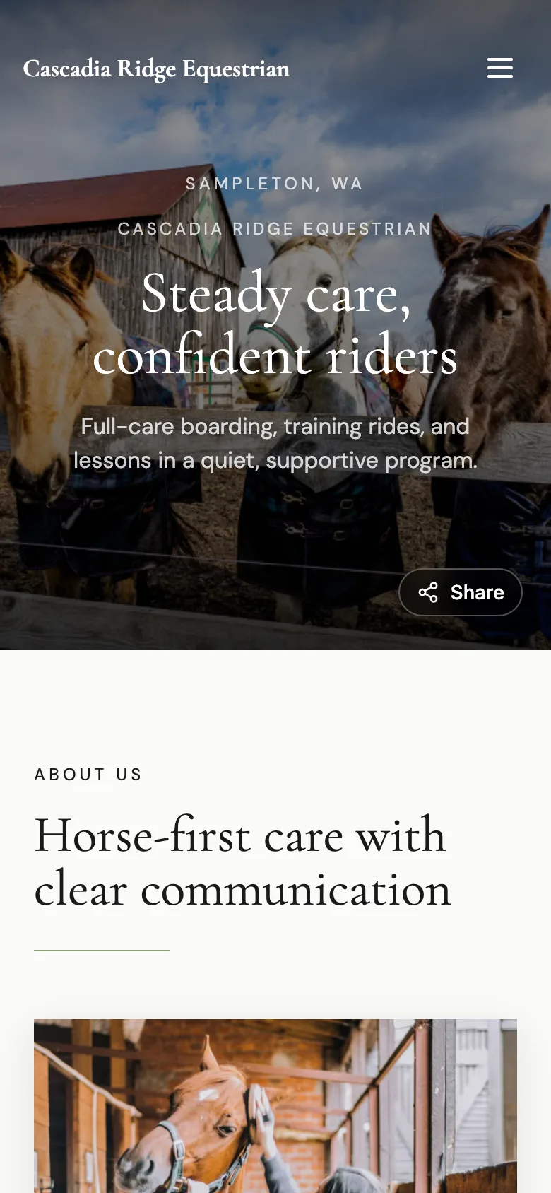 An example barn website on a phone
