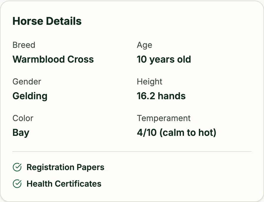 The Horse Details card of an example listing: breed, age, gender, height, color, temperament, registration papers, and health certificates