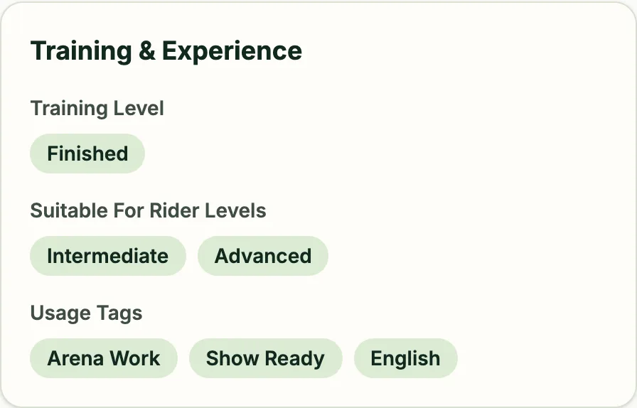 The Training and Experience card of an example listing: training level, suitable rider levels, and usage tags