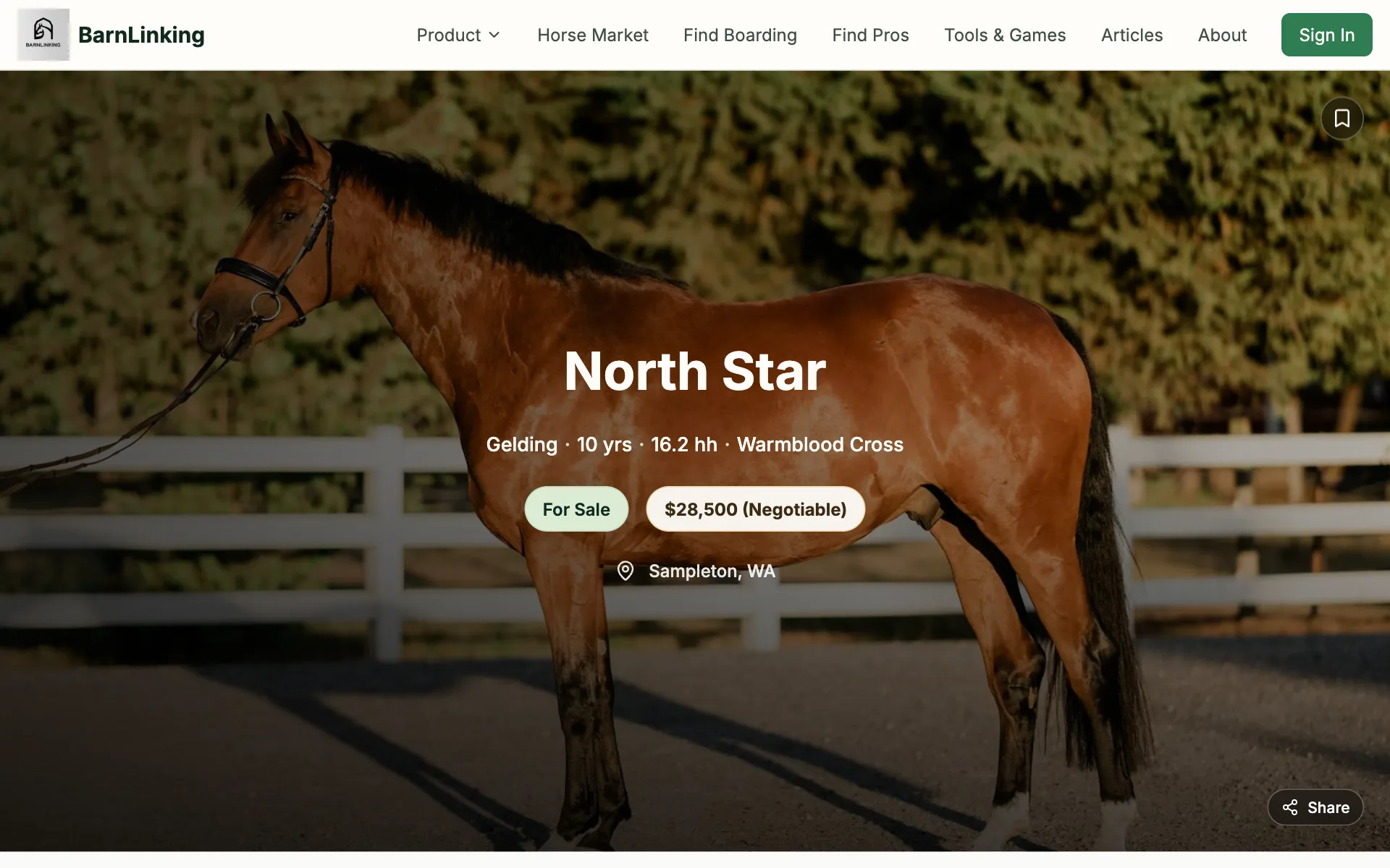 An example BarnLinking horse listing for a gelding named North Star, with photos, price, and details